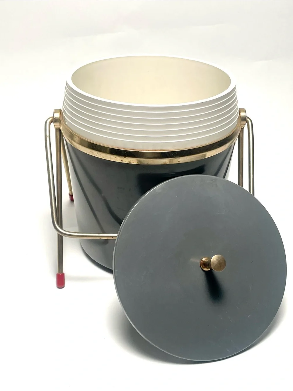 Vintage Mid Century Modern Charcoal Grey Ice Bucket & Metal Caddy Stand Legs
